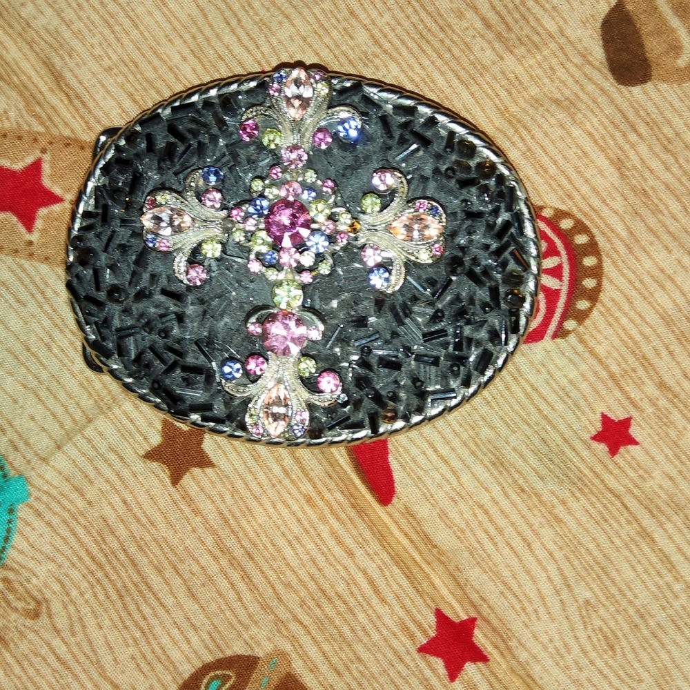 Women's Vtg Black and Silver Cross Belt Buckle w Crystal Accents